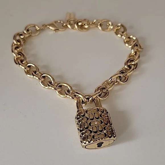 COACH Padlock Bracelet, Gold Tone with Crystals Chain Bracelet - Picture 3 of 7